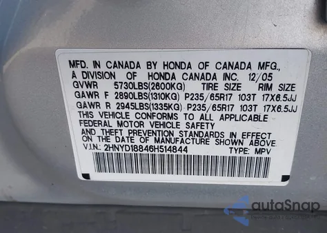 2006 Acura Mdx from USA, damaged, VIN 2HNYD18846H514844
